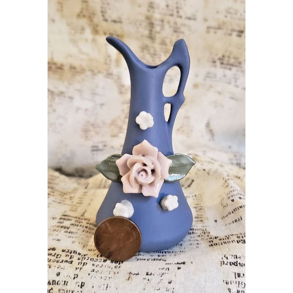 Elegant, Classic, Sophisticated  - Vintage Miniature Blue Pitcher with Rose Trim